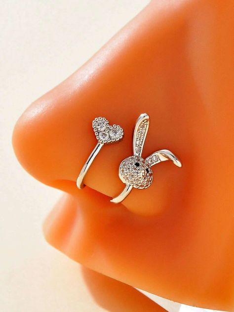 2pcs/set Rhinestone Rabbit Decor Nose Cuff Nose Cuff, Shein Haul, Fake Nose Rings, Fake Nose, Rabbit Decor, Fake Piercing, Love Shape, Magical Jewelry, Nose Jewelry