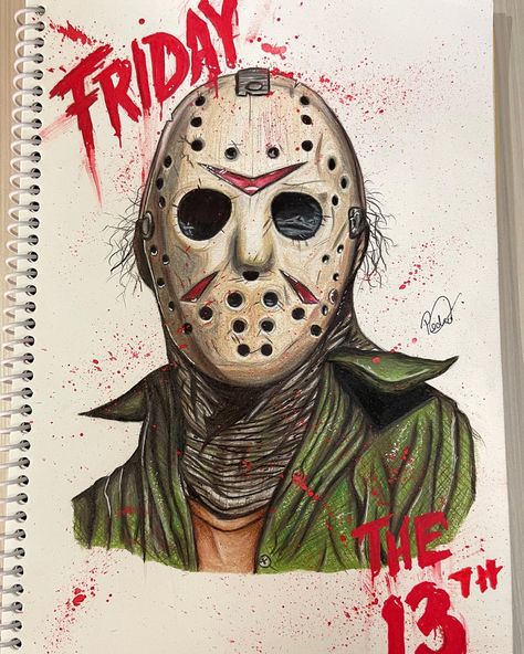 Drawings Of Horror Movie Characters, Jason Voorhees Drawing Pencil, Horror Movie Drawing Ideas, Jason Drawing Friday The 13th, Friday The 13th Drawing, Jason Vorhees Art, Horror Characters Drawings, Slasher Tattoo, Horror Movie Drawings