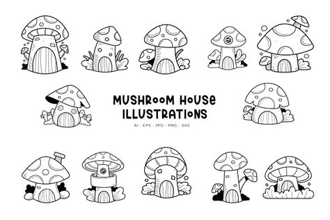 Mushroom Inspiration, Mushroom Cards, Gnome Quilt, Snowman Coloring, House Illustrations, Village Drawing, House Doodle, Gnome Village, Garden Angel