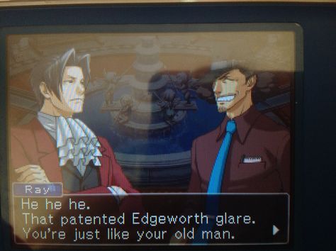 Credits to the creator of Ace attorney and the translators. Edgeworth's glare XD Raymond Shields Ace Attorney, Raymond Shields, Ace Attorney Official Art, Phoenix Wright, Ace Attorney, Legal Advice, Lawyer, The Magicians, Game Art