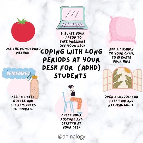 Anna| Journal |Study |ADHD on Instagram: “How to make sitting at your desk more bearable for you! 💌 QOTD: where do you prefer to study? If you've seen my story today you'll know…” How To Study In University, Study Tips For Adhders, Neurodivergent Study Tips, Neurodivergent Tips, Where To Study, Study Desk Organization, Study Techniques, School Plan, Study Schedule