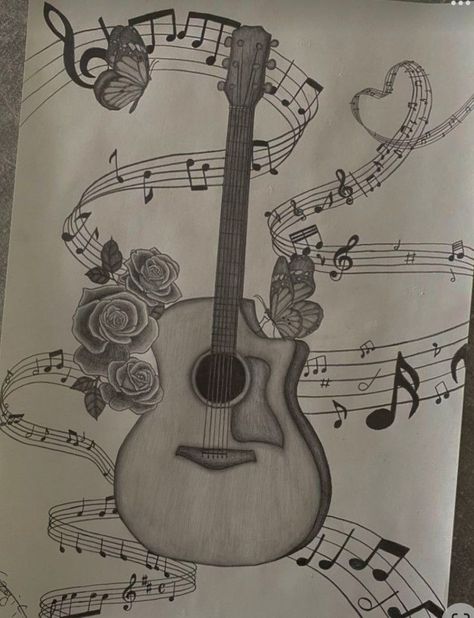 Music Day Drawing, Musical Drawings Ideas, Cool Guitar Drawings, Guitar Sketch Aesthetic, Powerful Sketches, Sketch Ideas Aesthetic Vintage Easy, How To Draw A Guitar, Guitar Pencil Sketch, Guitar Aesthetic Drawing