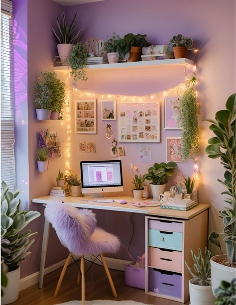 Plant Desk Setup, Teen Desk Area, Desk Setup Plants, Girly Desk Setup, Aesthetic Desks, Closet Offices, Preteen Bedroom, Apartment Therapy Inspired Decor, Workspace Setup