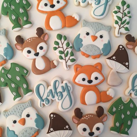 Decorated sugar cookies, woodland themed Forest Animals Cookies Decorated, Woodland Creature Cookies Decorated, Woodland Shower Cookies, Woodland Royal Icing Cookies, Cute Animal Cookies, Woodland Animal Cookies Decorated, Woodland Cookies Baby Boy, Woodland Decorated Cookies, Woodland Themed Cookies