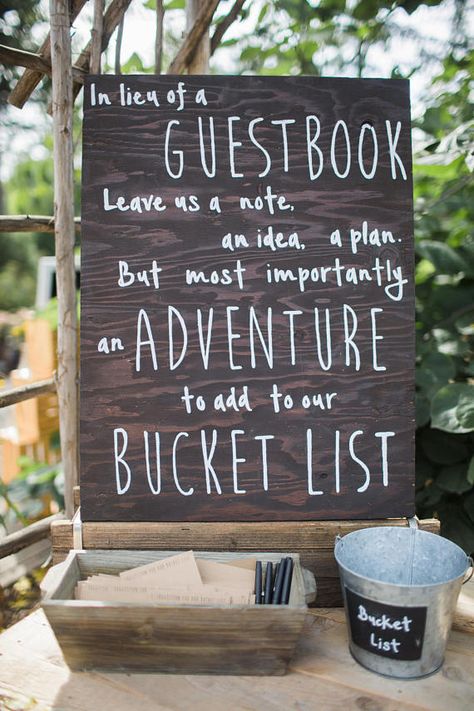 Bucket List Wedding Guest Book Sign | Wooden Guest Book Sign | Rustic Wedding Guest Book Sign | Wood Guest Book Sign | Adventure Guest Book Creative Wedding Guest Books, Unique Guest Book Alternatives, Wedding Planning List, Wedding Guest Signing, Guest Book Ideas, Unique Guest Book, Guest Signing, Wedding Guest Book Sign, Wedding Guest List