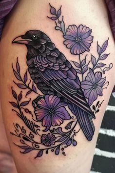 Feminine Raven Tattoo Beautiful, Small Magic Tattoo Ideas, Magic Arm Tattoo, Power Of 3 Tattoo, Raven Thigh Tattoo Women, Halloween Arm Tattoo, Cute Raven Tattoo, Raven Thigh Tattoo, Raven Moon Tattoo