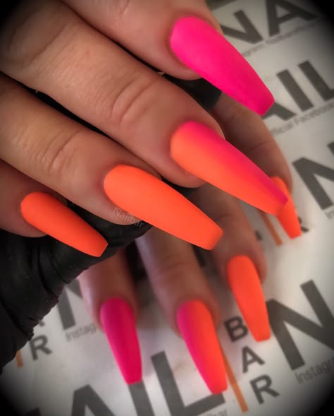 Matte Neon Nails, Bright Neon Acrylic Nails Summer, Neon Coral Nails, Nail Art Orange, Ombre Gel Nails, Neon Acrylic Nails, Nails Designs Short, Pride Nails, Nail Types