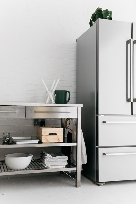 Rye London kitchen stainless steel Smeg refrigerator and stainless Ikea hack kitchen work table Metal Kitchen Cabinets, Kitchen Work Tables, Wood Countertops Kitchen, Steel Kitchen Cabinets, Ikea Hack Kitchen, Kitchen Ikea, Interior Simple, Ikea Kitchen Design, Stainless Kitchen