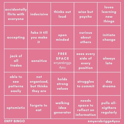 Myers-Briggs 4 You on Instagram: “The full ENFP Bingo is up in my stories! 💃🏻 ⁣ ⁣⁣ ⁣⁣ Tags 🏷 ⁣�⁣⁣ ⁣⁣⁣ ⁣⁣ #enfp #enfppersonality #enfpproblems #enfpconfessions #enfpgirl…” Enfp Bingo, Infp Bingo, Meyers Briggs, Enfp Personality, Infp Personality, Myers–briggs Type Indicator, Myers Briggs Type, Love Journal, Enneagram Types