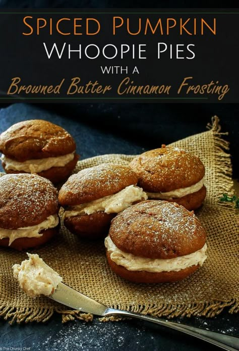 Whoopi Pies, Halloween Pumpkin Cookies, Cinnamon Frosting, The Chunky Chef, Chunky Chef, Whoopie Pie Recipe, Pumpkin Whoopie Pies, Pumpkin Cookie Recipe, Whoopie Pie