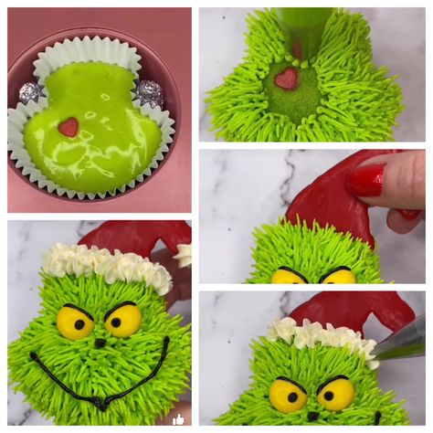 Grinch Cupcakes Ideas, Grinch Cakes, Grinch Cupcakes, Creative Christmas Food, Xmas Cupcakes, Crochet Grinch, Easy Cupcakes Decoration, Grinch Cake, Christmas Sleepover