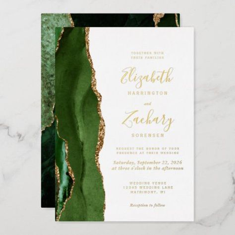 $3.95 | Modern Hunter Green Gold Agate Wedding #agate marble stone, geode gemstone, real gold foil, handwritten calligraphy, modern, chic, gilded elegance, hunter green watercolor Ivory Wedding Invitations, Emerald Green And Gold, Script Wedding Invitations, Elegant Modern Wedding, Agate Wedding, Emerald Green Weddings, Blush Wedding Invitations, Gold Wedding Decorations, Gold Foil Wedding