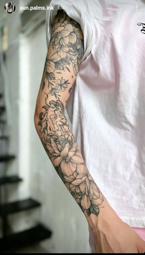 Line Sleeve Tattoos For Women, Womens Sleeve Tattoo Ideas Fine Line, Floral Sleeve Tattoo Stencil, Upperarmtattoo Women, Garden Of Eden Tattoo Sleeve, Botanical Arm Sleeve, Botanical Half Sleeve Tattoo, Inner Arm Tattoo Sleeve, Patchwork Floral Sleeve Tattoo