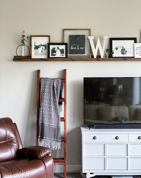 Large Shelf Above Tv, Angled Living Room, Photo Ledge Display, Shelf Styling Bedroom, Above Tv Decor, Shelf Above Tv, Ledge Decor, Photo Ledge, Picture Shelf