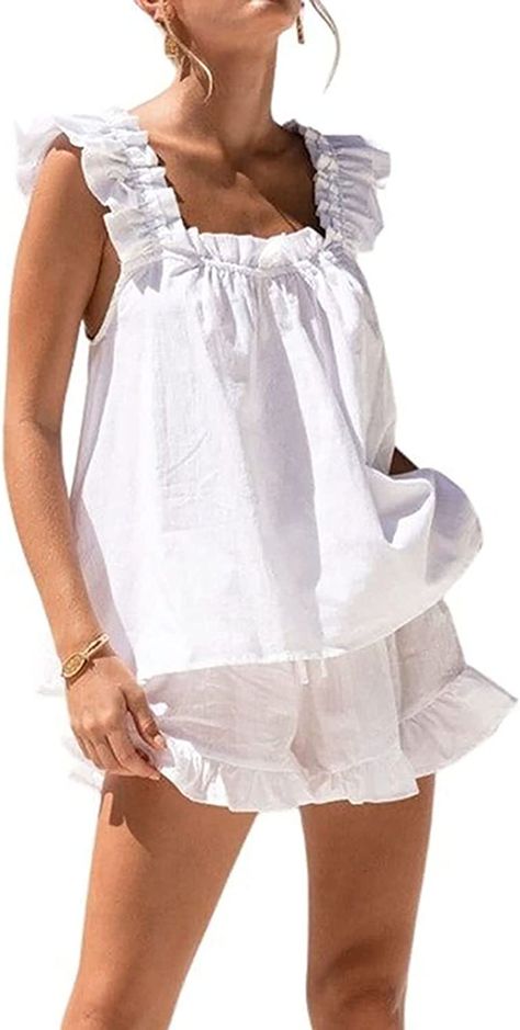 Amazon.com: Xfileen Women's Fashion Summer Short Sets Cozy Ruffle Trim Cami and Shorts 2 Piece Outfits Pajama Sets White : Clothing, Shoes & Jewelry Pijamas Women, Summer Pajama Set, Pajamas Sets, Summer Pajamas, Cotton Pajama Sets, Ruffle Shorts, Cotton Pyjamas, Color Shorts, Pajama Sets