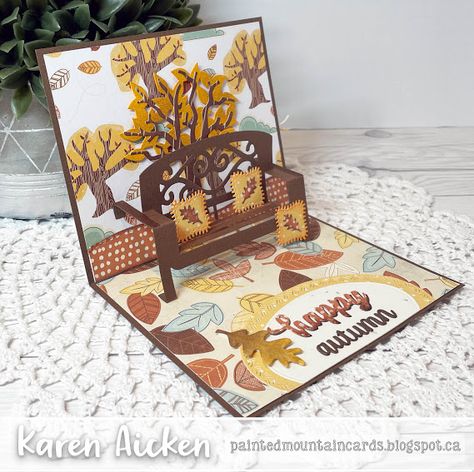 Bench Card, Pop Up Template, Karen Burniston Cards, Joy Fold Card, Rubber Stamps Diy, Cards Design Ideas, Aluminum Can Crafts, Fancy Fold Card Tutorials, Step Cards