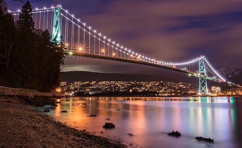 Lions Gate Bridge at Night by `James Wheeler, via Flickr Lions Gate Bridge, Vancouver Photography, Dark Jungle, Photography Night, Lions Gate, Beatles Abbey Road, London Skyline, Lake Wall Art, Glass Pictures