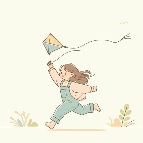 illustration of a child playing kite Flying Kite Illustration, Kite Illustration, Kite Drawing, Flying Kite, Kites For Kids, Mom And Kids, Child Playing, Cute Easy Doodles, Simple Frocks