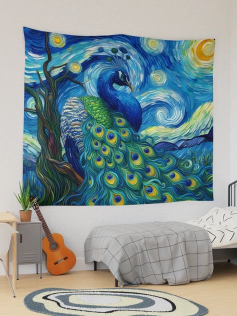 "Van Gogh Inspired Starry Night with a Colorful Peacock " Tapestry for Sale by DeAnnNicole | Redbubble Van Gogh Inspired, Colorful Peacock, Wall Tapestries, Beautiful Wall, Tapestry Design, Vincent Van Gogh, Van Gogh, Art Boards, Wall Tapestry