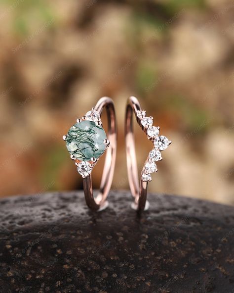 Vintage Round Moss Agate Engagement Ring Set, Minimalist 14K Rose Gold Moss Agate Wedding Promise Ring, Curved Round Moissanite Wedding Band - Etsy Moss Agate Nails, Moss Agate Rings Engagement, Granola Wedding, Moss Agate Engagement Rings, Moss Agate Rings, Moss Agate Wedding Band, Moss Agate Wedding Ring, Wedding Suggestions, Fairytale Engagement Rings