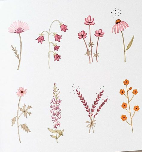 Simple Flower Artwork, Painted Flower Ideas Simple, Small Flowers Watercolor, How To Draw Tiny Flowers, Flower Cute Illustration, Easy Small Flower Painting, Flower Shapes Drawing, How To Draw Wild Flowers, Tiny Painted Flowers