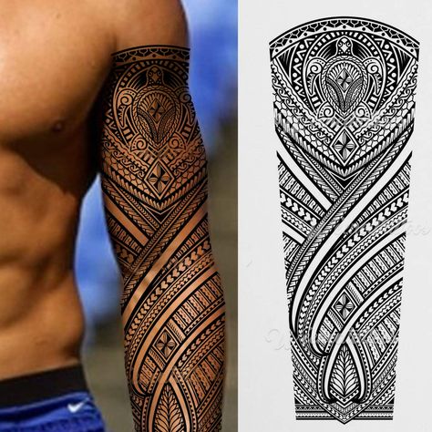 Temporary tattoo full arm body art stickers tribal turtle Hawaiian Polynesian Samoan adult sleeves Maori Tattoo Arm, Polynesian Tattoo Sleeve, Stammestattoo Designs, Fake Tattoo Sleeves, Polynesian Turtle, Polynesian Tattoo Designs, Arm Temporary Tattoos, Maori Tattoo Designs, Full Arm Tattoos