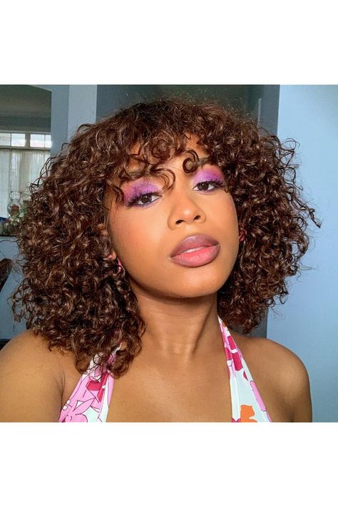 DÃ‰BUT Ombre Auburn Brown Short Curly Bob Wigs 100% Human Hair with Bangs 10 Inches Water Wave Glueless Wear and Go Bang Wigs 150% Density Dark Roots with Brown Bang Wigs, Auburn Brown, Wig Colors, Dark Auburn, Short Afro, Curly Bob Wigs, Short Curly Bob, Short Curly Wigs, Hair With Bangs