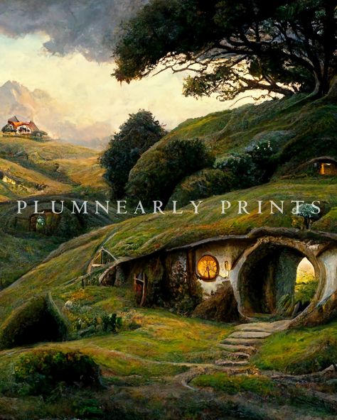 The Shire Oil Painting Print. Hobbitcore Decor. Hobbit Hole - Etsy Hobbitcore Decor, Halfling House, Hobbit Art, House Wall Art, Hobbit Hole, Hobbit House, Earth Homes, The Shire, House Art