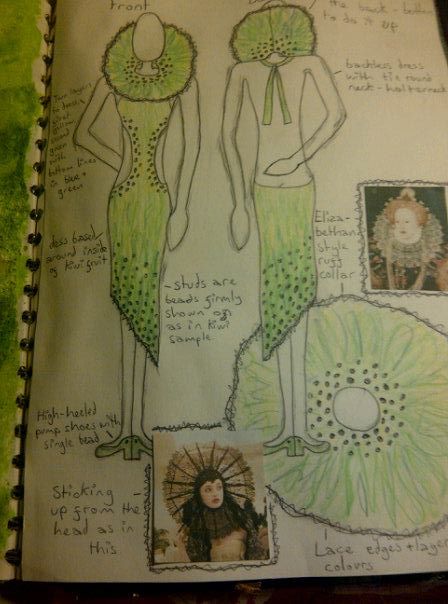 Project: Fruit & Vegetables A dress design inspired by Kiwi Fruit and Elizabethan ruffs Fruit Inspired Dress, Fruit Inspired Outfit, Fruit Textiles, Kiwi Fashion, Elizabethan Ruff, Nature Sketchbook, Textiles Gcse, Fruit Dress, Men Sketch