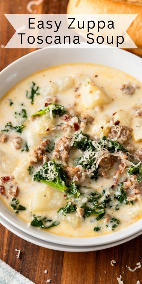 This easy Zuppa Toscana Soup is creamy and perfectly seasoned with flavorful sausage, soft potatoes, and savory bacon. Soup Instapot, Copycat Zuppa, Copycat Zuppa Toscana, Zuppa Toscana Soup Olive Garden, Olive Garden Pasta, Italian Soup Recipes, Sausage Soup Recipes, Olive Garden Copycat, Zuppa Toscana Soup