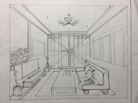 1 Perspective Drawing Room, Rooms In Perspective, One Perspective Drawing Room, One Point Interior Perspective, One Point Perspective Room Interiors, One Point Perspective Room Bedrooms, Rooms To Draw, Interior Design Sketchbook For Beginners, Room Perspective Drawing Interior Design