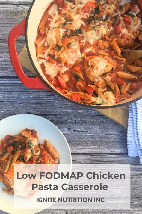 Low FODMAP Chicken Pasta Casserole - Ignite Nutrition Low Fodmap Crockpot Chicken, Low Fodmap Casserole Recipes, Low Fodmap Pasta Recipes, Low Fodmap Casserole, Low Fodmap Pasta, Low Fodmap Chicken Recipes, Fodmap Chicken Recipes, Fodmap Dinner, Fodmap Meals