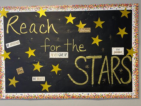 Stars, glitter, bulletin board Super Star Bulletin Board Ideas, Superstar Bulletin Board Ideas, Stars Bulletin Board Ideas, Star Student Bulletin Board Ideas, Now Starring Bulletin Board, Shoot For The Stars Bulletin Board, Reach For The Stars Bulletin Board, Star Students Bulletin Board, Star Bulletin Boards