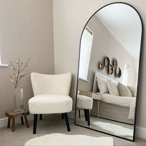 #bedroom decor #vanity #arch mirror #interior design #aesthetic Mirror In Room Decor, Accent Chair In Bedroom, Apartment Minimalist Decor, Modern Minimalist Bedroom Decor, Table In Bedroom, Apartment Decor Inspiration, Room Makeover Bedroom, Small Room Bedroom, Bedroom Designs