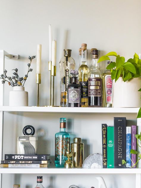 Boozy Gift Guide Cocktail Books | on Craftandcocktails.co Bar And Bookshelf, Bar Bookshelf Styling, Bar On Bookshelf, Bookshelf Styling With Alcohol, Mini Bar Shelf, Bookshelf Bar Cart, Bar Cart Books, Styled Bar Shelves, Bar Shelves Styling