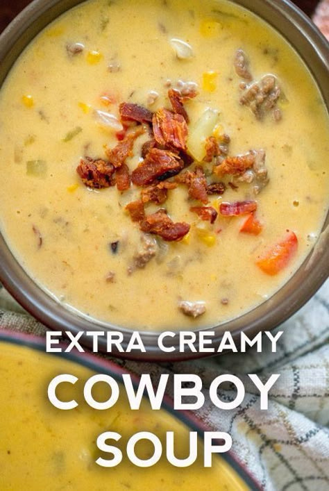 Extra Creamy Cowboy Soup. #soup #healthyrecipes #healthyeating #nutrition #healthylifestyle #souprecipeseasy #soupinspiration #soupbowl Cheesy Cowboy Soup, Gourmet Soups, Cowboy Soup, Crock Pot Recipes, Ramen Soup, Savory Soups, Soup And Stew, Crock Pot Soup, Soup And Sandwich