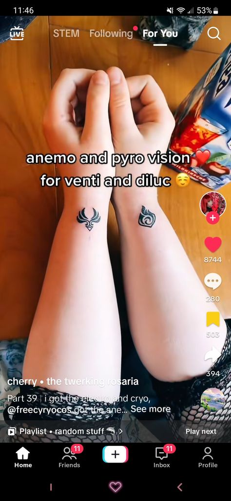 Screenshot not mine tattoo idea Pyro Vision, Anemo Vision, Vision Tattoo, Mine Tattoo, Tattoo Idea, Not Mine, Tattoos