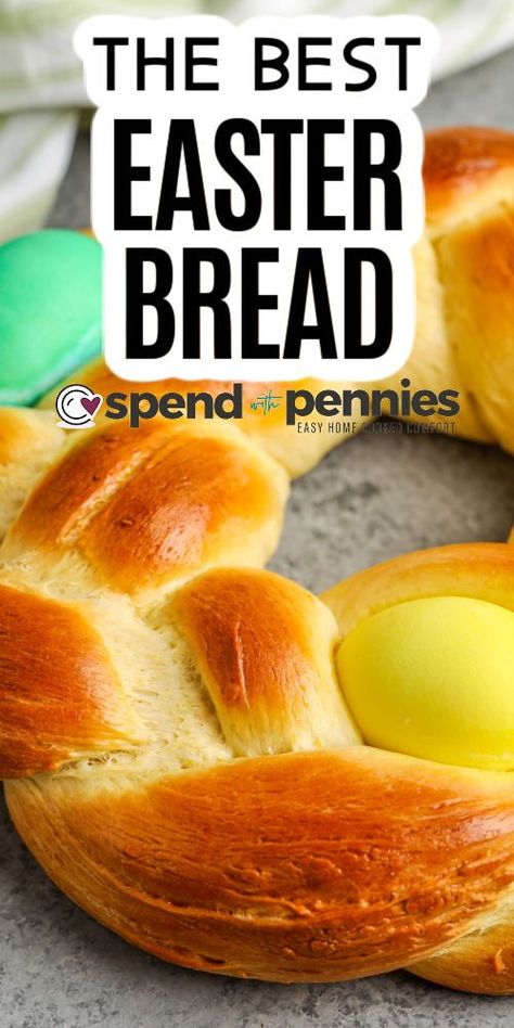 This eggy and sweet Easter bread will be a show-stopping addition to the Easter table. It will be hard for guests not to notice, the intricate braids, and colorful eggs in this bread. Made with eggs, yeast, milk, zest, sugar, and butter, this bread looks and tastes so good. #easterbread #easterbreadrecipe #sweeteasterbread #spendwithpennies Easter Bread Recipes Sweet, Paskah Easter Bread, Easter Bread Recipes, Sweet Easter Bread, Specialty Breads, Easter Bread Recipe, Italian Easter Bread, Easter Meal, Easter Food Crafts