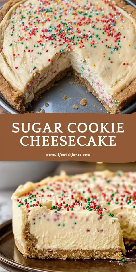 Sugar Cookie Cheesecake Cheesecake Recipes Individual, Cheesecake Recipe Easy, Holiday Cheesecake Recipes, Christmas Cheesecake Recipes, Sugar Cookie Cheesecake, Holiday Cheesecake, Betty Crocker Sugar Cookies, Buttery Cookie, Easy Holiday Dessert