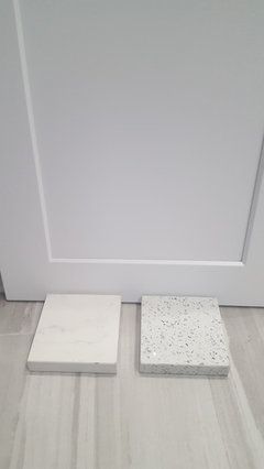 Please help with quartz counter color, sparkle or white with lines? Quartz Kitchen Countertops White Sparkle, White Shaker Kitchen Cabinets Quartz, Sparkle Quartz Countertop, Sparkling White Quartz Countertop, Light Quartz Countertops, Sparkle Countertops, White Granite Bathroom, Quartz Kitchen Countertops White, Sparkling White Quartz