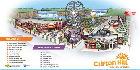 Niagara Falls Map, Tim Hortons Canada, Clifton Hill Niagara Falls, Niagara Falls Vacation, Adventure Golf, Clifton Hill, Niagara Falls Ontario, Ontario Travel, Canada Map