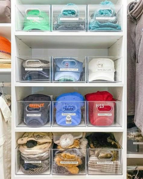 Baseball Hat Storage, Organize Baseball Hats, Baseball Caps Storage, Cap Organizer, Clear Bins, House Redesign, Tips For Organizing, House Organisation, Hat Organization