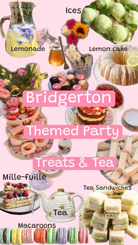 Lemonade, Lemon cake, Mille-fuille, Tea, Tea Sandwiches, Rout cakes, Macaroons, and Ices were typical served at regency era gatherings. Bridgerton tea party ideas, bridgerton themed party treats, high tea food ideas, ladies tea menu inspo, engagement tea party, wedding menu ideas, engagement party menu ideas Engagement Party Menu Ideas, Tea Food Ideas, Engagement Party Menu, Bridgerton Tea Party, Bachelorette Party Food, Party Menu Ideas, Wedding Menu Ideas, Tea Party Ideas, Ladies Tea