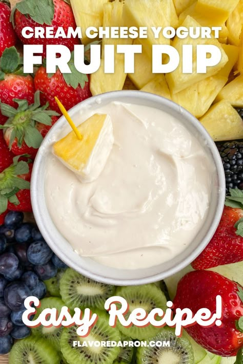 Bowl of cream cheese fruit dip with a piece of fruit being dipped in. Fruit Dip With Cream Cheese, Cream Cheese Fruit Dip Recipe, Greek Yogurt Fruit Dip, Healthy Fruit Dip, Yogurt Fruit Dip, Easy Fruit Dip, Dip With Cream Cheese, Healthy Cream Cheese, Cream Cheese Fruit Dip