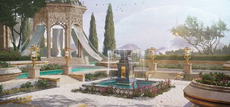 Fountain Concept Art, Fantasy Courtyard, Courtyard With Fountain, Battle Mage, Fantasy Concept Art, My Brain, Sacred Art, Alice In Wonderland, Concept Design