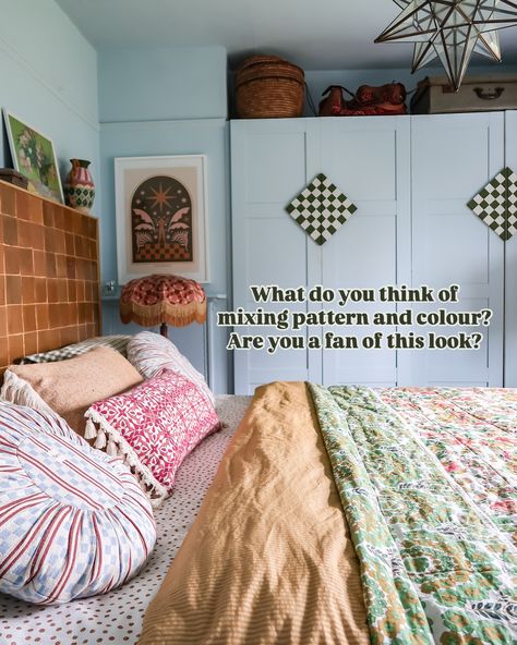 HOW TO MIX PATTERN AND COLOUR. The main reason I gave our bedroom a makeover was so that I could have fun with pattern and colour. It’s what I do best and something I enjoy. Whether you prefer a more minimalist interior or love the joy that maximalism can bring, colour and pattern mixing is something you can achieve and experiment with no matter what your style is. Let me know if you found this helpful. 🥰 . . . . . . . #bedroom #bedroomdesign #bedroominspo #colourfulbedroom #bedroominspirati... Mixed Patterns, Patterned Bedding, How To Mix, What's Your Style, Maximalism, Autumn Aesthetic, Minimalist Interior, Pattern Mixing, Bedroom Inspo