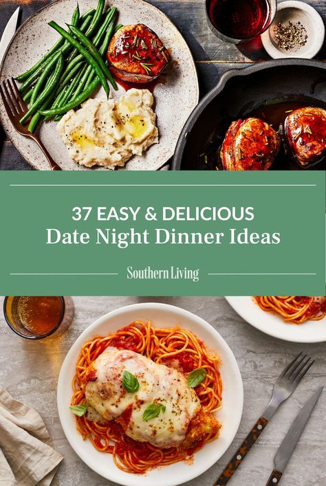 With these amazing date-night dinner ideas, you won't even realize you're not at a fancy restaurant. And staying in doesn't just save your schedule some hassle, but it's also much more budget-friendly than eating out. Even if you're trying to save up, you can still treat yourself to one of our affordable date ideas. These fun dinner recipes take pantry staples and weeknight favorites like pasta, chicken thighs, and pork chops and dress them up for an adults-only dinner. With these five-star suppertime superstars, you'll save money and get to focus on what matters about date night—each other. No reservation required. #recipeideas #recipes #dinnerrecipes #datenight #datenightdinner #easydinnerrecipes Date Night Meals At Home, Fun Dinner Recipes, Date Night Dinner Ideas, Affordable Date Ideas, Slow Cooker Bolognese, Grilled Pork Loin, Easy Shrimp Scampi, Night Dinner Recipes, Southern Living Recipes