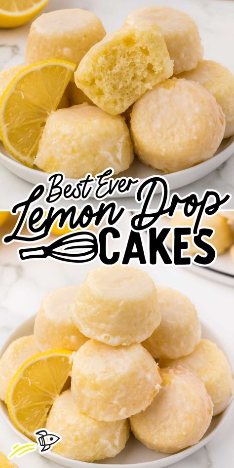 Lemon Drop Cakes Lemon Drop Muffins, Lemon Drops Recipe, Mini Lemon Drop Cakes, Lemon Cake Bites, Lemon Drop Recipe, Lemon Glaze Cake, Drop Cake, Cakes Easy, Lemon Cakes