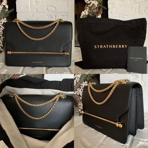 Four pictures in a grid pattern of different views of the Strathberry eas/West bag. Top left image shows a black bag from the front view. It has a gold metal crossbar horizontally across the front. There are two metal chains on the top of the bag that are also gold. In the top right, the image depicts a Strathberry black dust bag with the care manual in the front of the bag. The bottom left picture shows the Strathberry bag in the dust bag. The bottom right image shows the bag from the side. Strathberry East West, Chocolate Chip Blondies, Holiday Cookie Exchange, Trendy Purses, Sourdough Discard, Light Coat, Luxury Purses, Baking Flour, The Fence