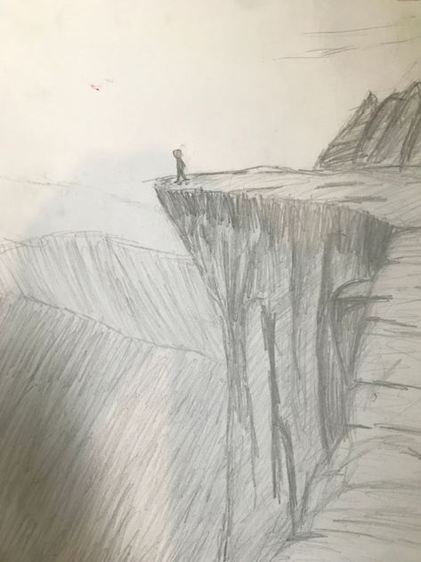 A simple sketch of a person on a cliff Psychological Landscape Drawing, Cliff Painting Easy, Phobia Drawing Ideas Easy, How To Draw A Cliff Edge, Edge Of A Cliff Drawing, Cliff Landscape Drawing, Hanging Off A Cliff Drawing, Cliff Sketch Drawings, Cliff Drawing Easy